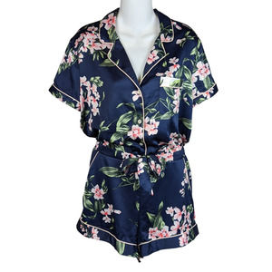 Victoria's Secret Floral Satin Shorts Pajama Romper Blue Size Medium